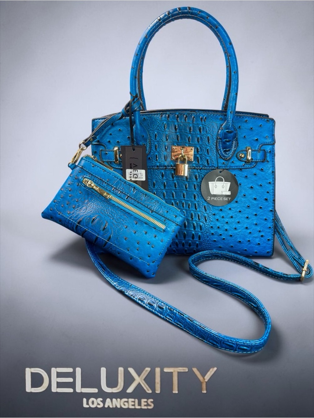 Deluxity Los Angeles 2-Piece Satchel & Wallet Set | Royal Blue Faux Croc/Ostrich
